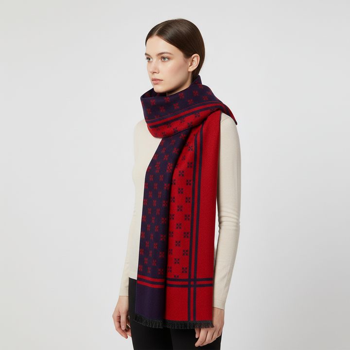 Front view of a women's elegant knitted silk cashmere scarf, perfect for stylish layering.