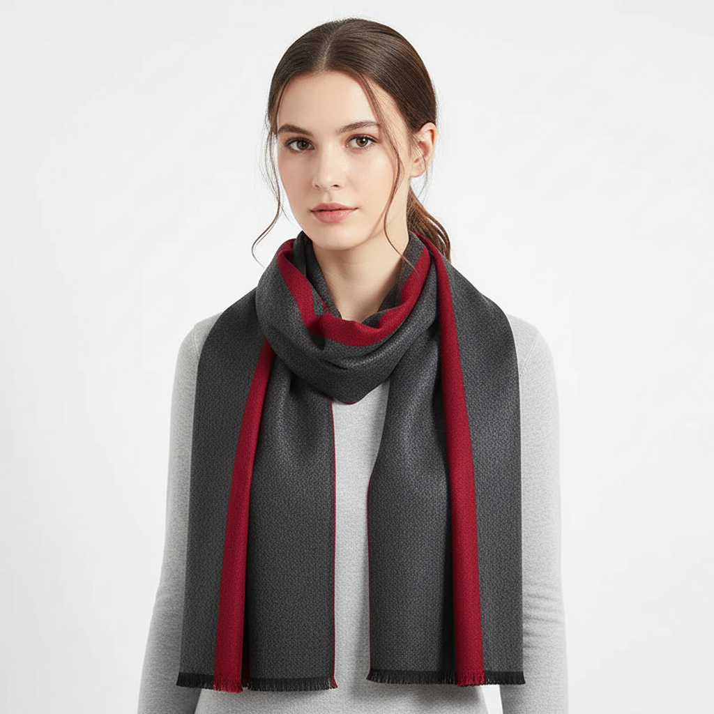 Stylish women's knitted scarf made from a blend of silk and cashmere, ideal for cold weather.