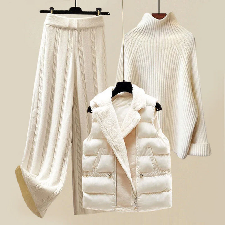 Stylish women's knitted sweater and vest set, a chic winter outfit for cold weather comfort & elegance.