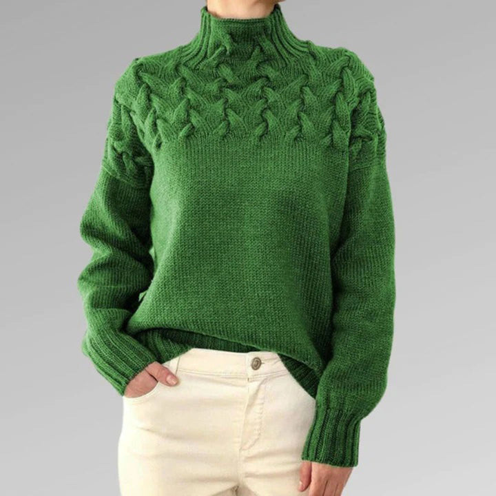 Versatile women's knitted turtleneck sweater. Chic long sleeve top, ideal for elegant everyday winter style.