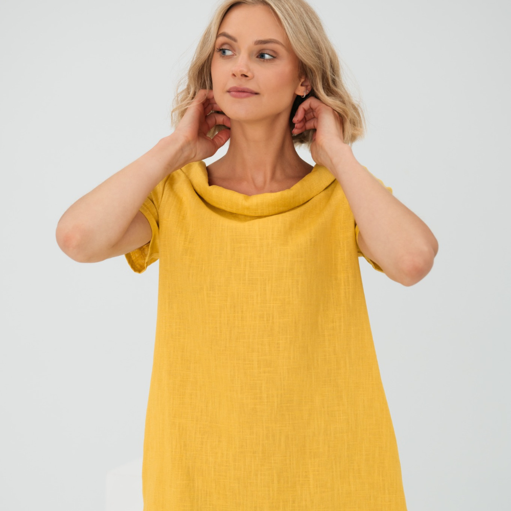 Elegant women's linen midi dress with a high neckline, perfect for summer vacations & timeless style.