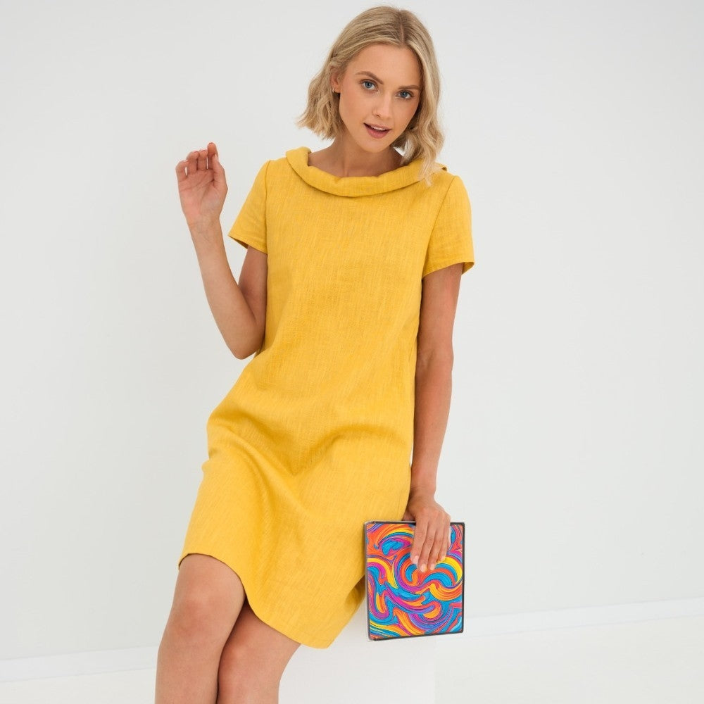 Comfortable linen midi dress for women, sleeveless with a high neckline, ideal for elegant summer style.