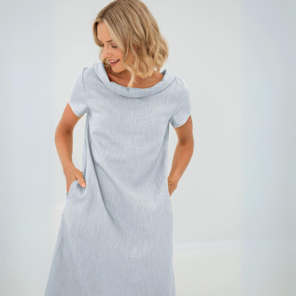 Timeless women's linen summer midi dress, high-neck design, elegant and comfortable for any occasion.