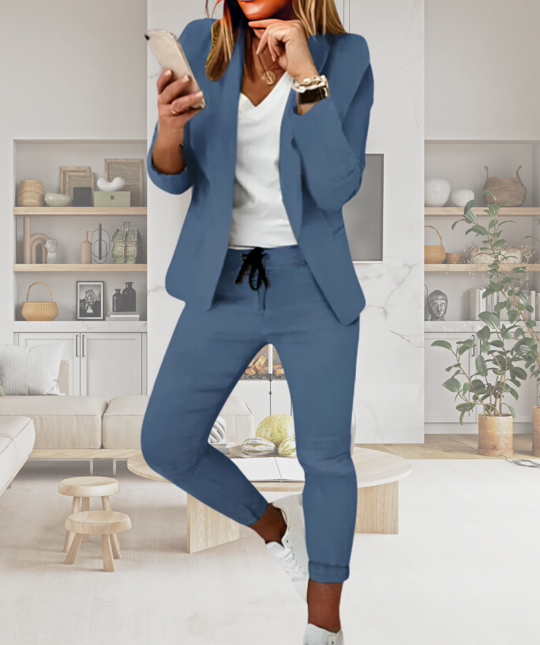 Stylish women's Livia trouser suit set; long-sleeve blazer & matching trousers for business casual or fashion.