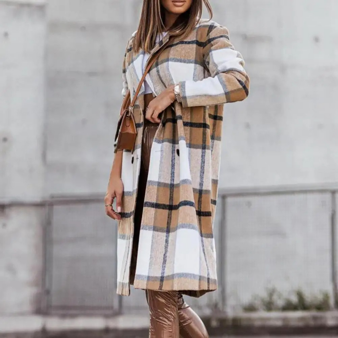 Classic women's long grey coat with an elegant check pattern, ideal for sophisticated cold weather style.