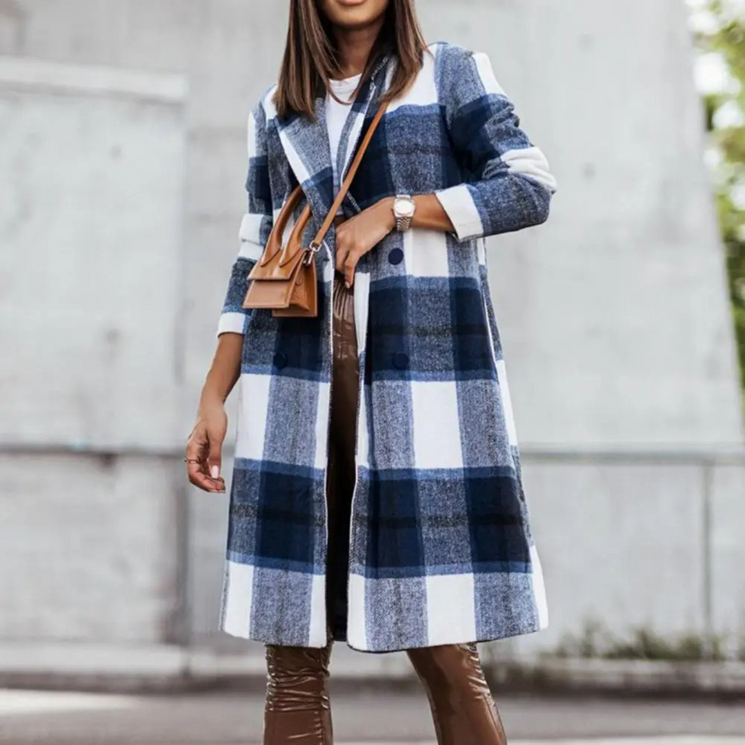 Margot women's long check pattern coat, a sophisticated and warm outerwear piece for elegant winter fashion.