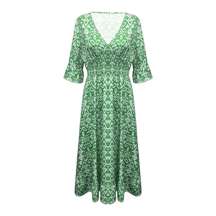 Trendy women's boho chic floral maxi dress, elegant V-neck long summer style.