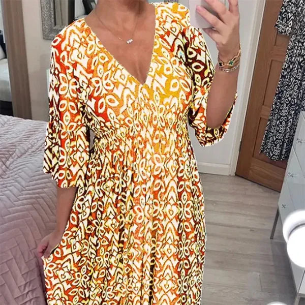Women's elegant floral V-neck maxi dress, long summer style for a boho chic look.