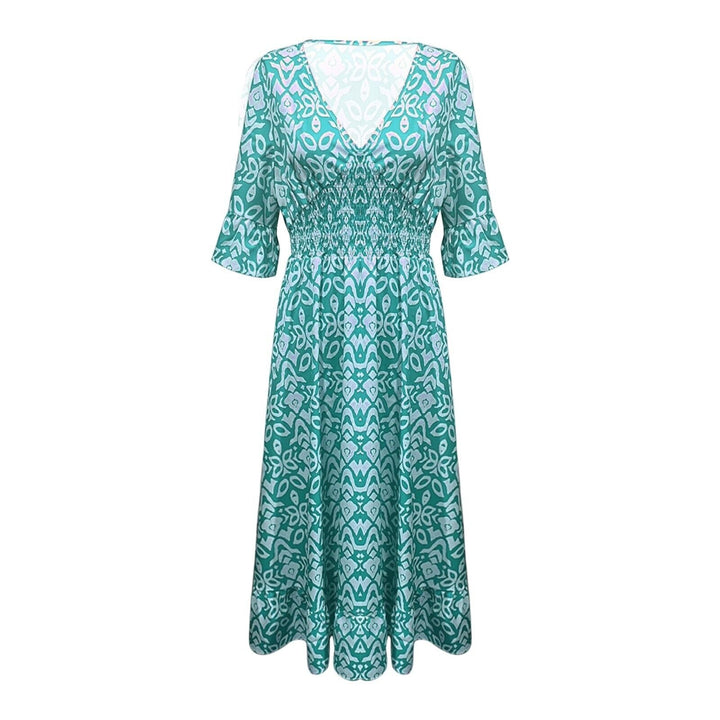 Stylish women's long floral V-neck maxi dress, perfect for an elegant and comfortable summer.