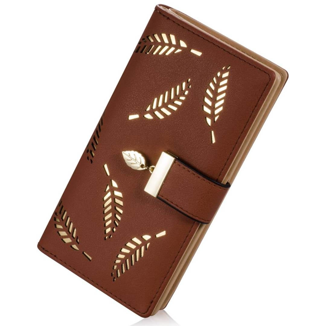 Elegant women's long leaf leather wallet in dark brown, perfect fashion accessory