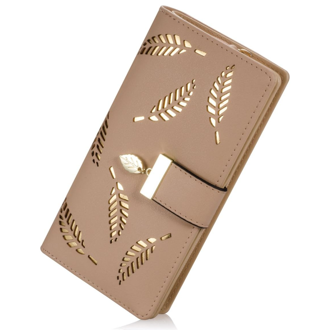 Women's long leather wallet with intricate leaf pattern, includes multiple card slots