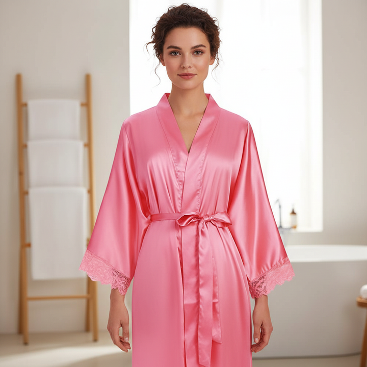 Elegant women's long lounge robe in soft fabric, perfect for all-season comfort.