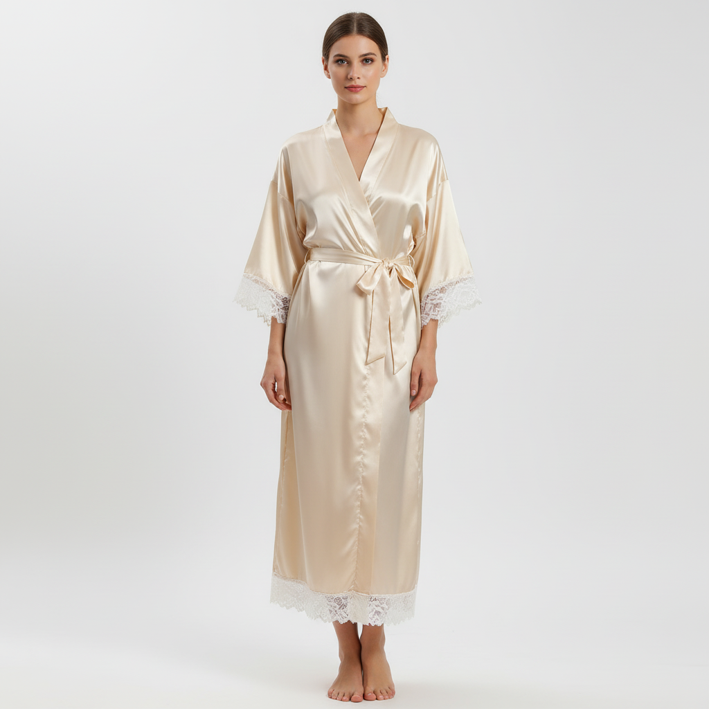 Elegant long lounge robe for women, crafted from soft fabric for relaxed house wear.