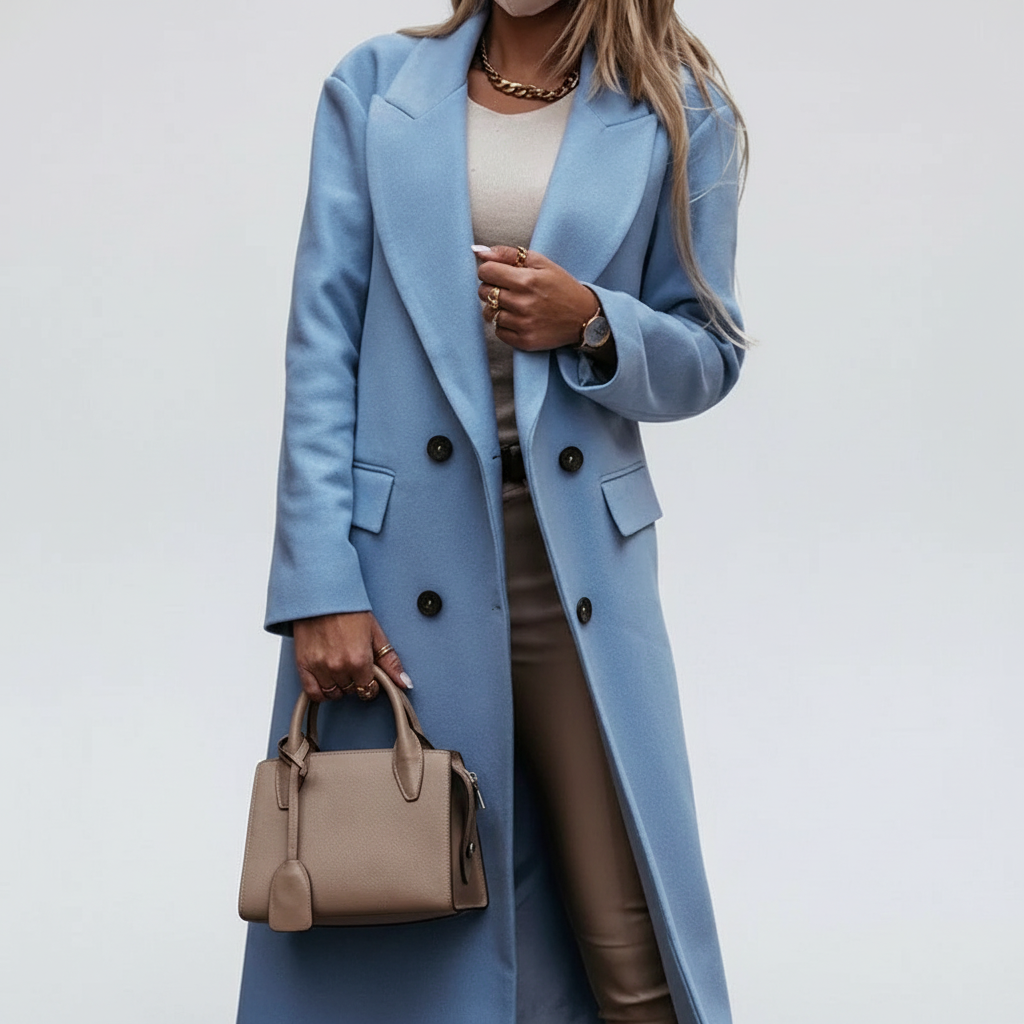 Alina long women's wool blend coat, showcasing a timeless button-up silhouette for autumn fashion