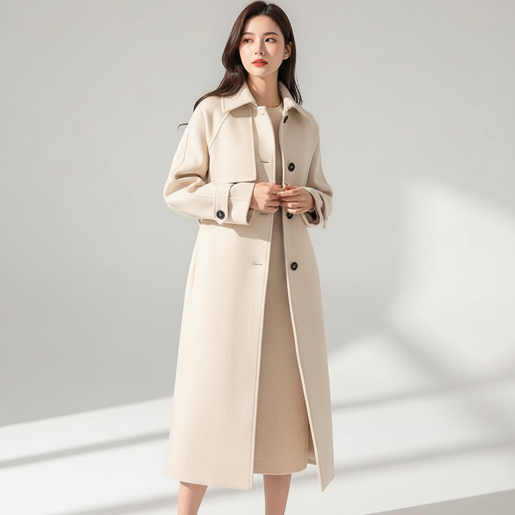 Stylish women's longline winter coat, a classic khaki elegant outerwear piece for cold weather.