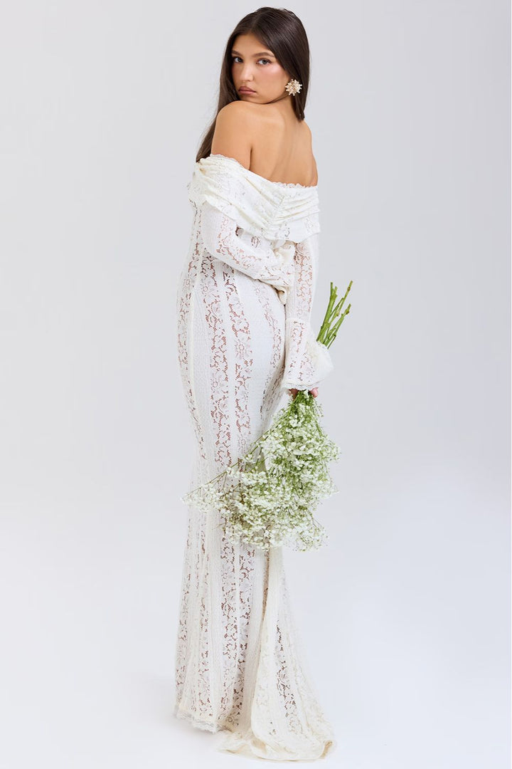 Stylish white lace off-shoulder summer maxi dress for women, Alondra collection, floral romantic design.