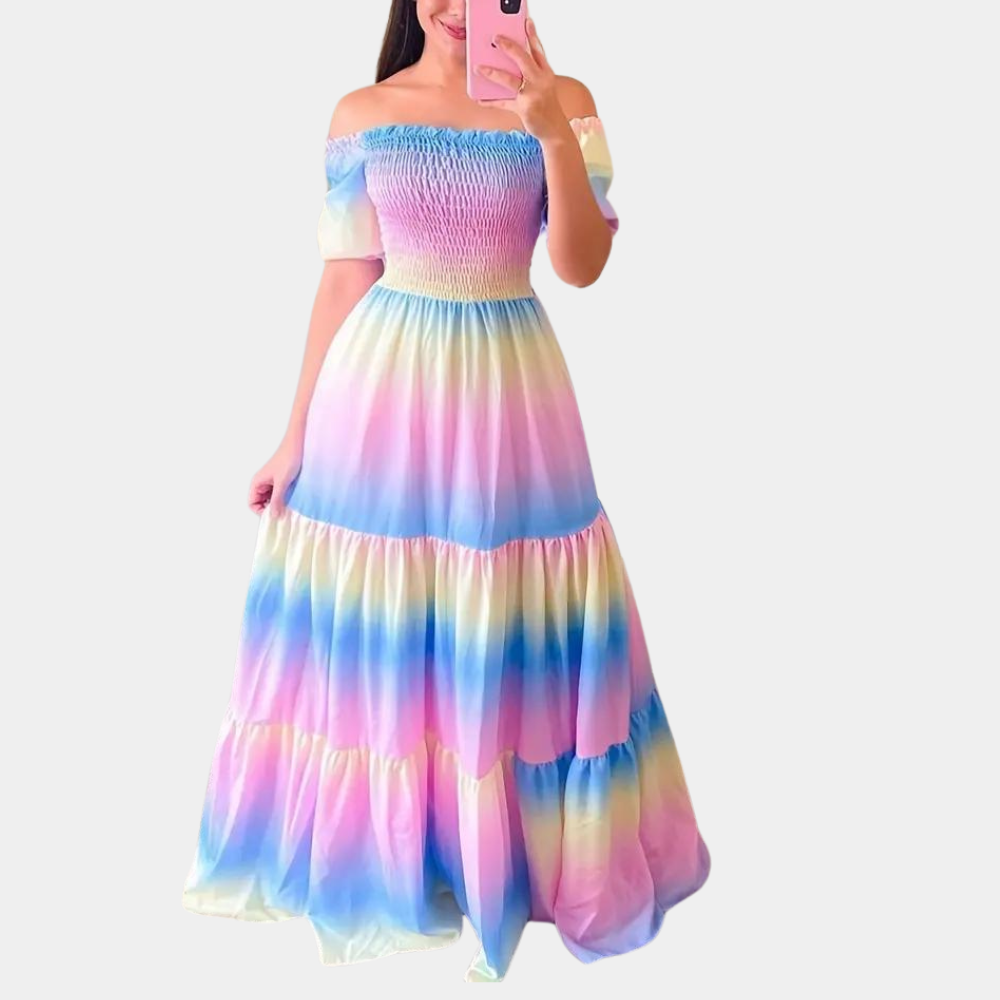 Elegant women's off-shoulder layered midi summer dress in stretch fabric, perfect for a casual chic look.