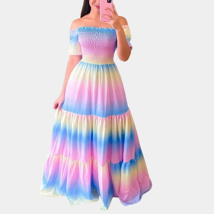 Elegant women's off-shoulder layered midi summer dress in stretch fabric, perfect for a casual chic look.