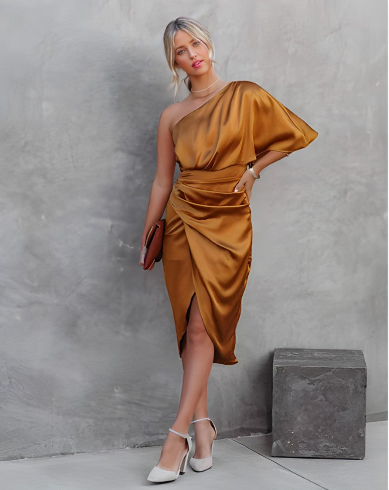 Elegant women's one-shoulder evening dress, asymmetrical design for a sophisticated & chic party look.