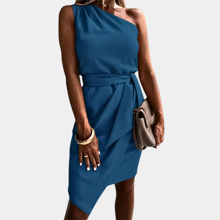 Flattering women's one-shoulder dress with a stylish waistband, a chic choice for any special occasion.