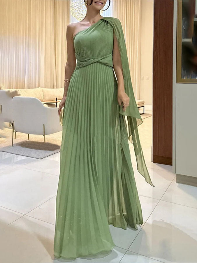 Elegant women's one-shoulder pleated maxi dress, perfect for evening events & special occasions.