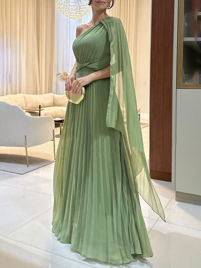 Sophisticated long pleated one-shoulder maxi dress for women, ideal for formal parties.