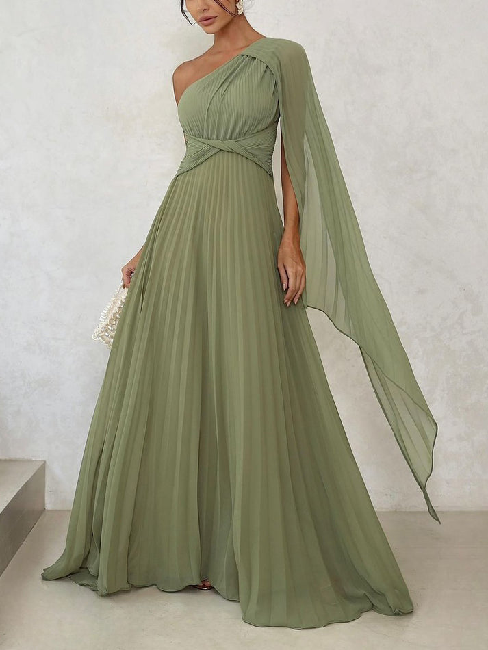 Women's elegant one-shoulder pleated maxi dress, a stylish choice for special occasion evenings.