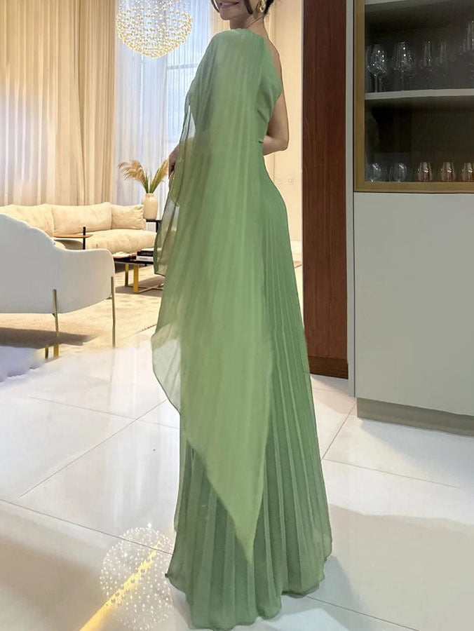 Formal one-shoulder pleated maxi dress for women, offering a graceful & long silhouette.