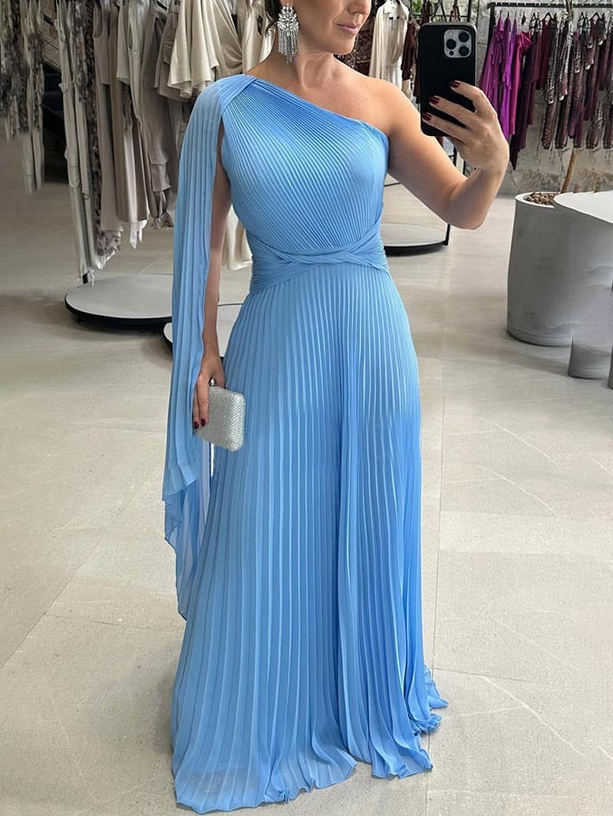 Chic party-ready one-shoulder pleated maxi dress for women, featuring elegant long pleats.