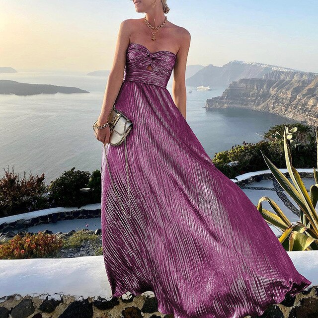 Lightweight pink V-neck sleeveless maxi dress for women, elegant with a defined waist, perfect for summer.
