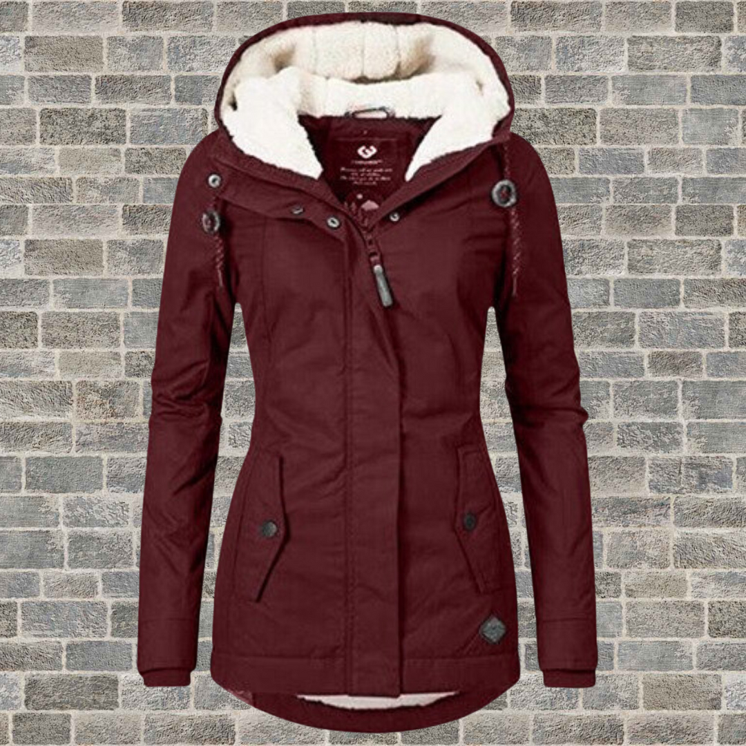 Elegant women's pleated winter jacket, perfect for stylish cold weather fashion outerwear.