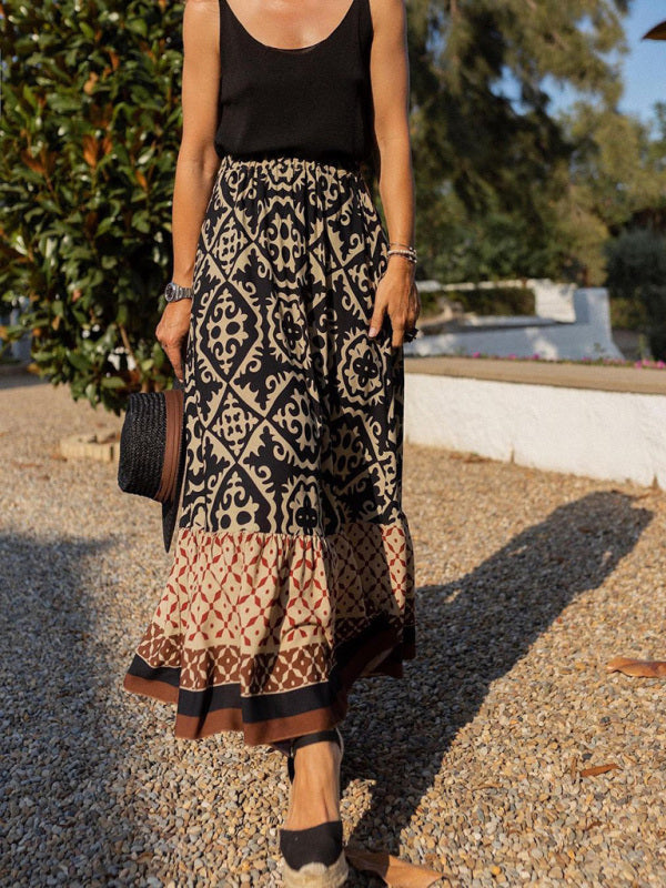Elegant women's ruffled long skirt with a flowy maxi style, perfect for versatile summer fashion.