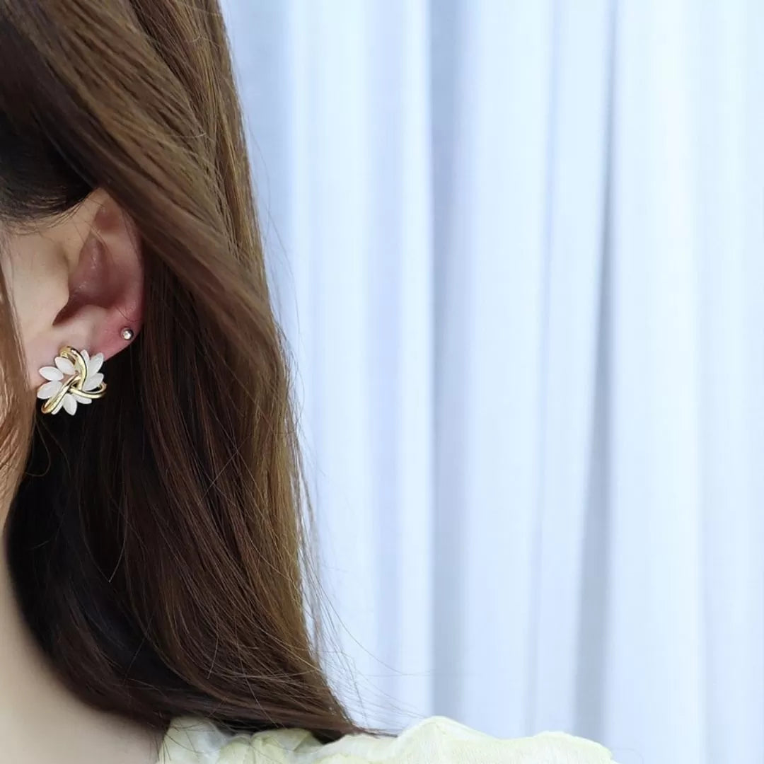 Pair of women's Sakura Blossom Opal stud earrings on a white background, perfect for a spring elegant gift.