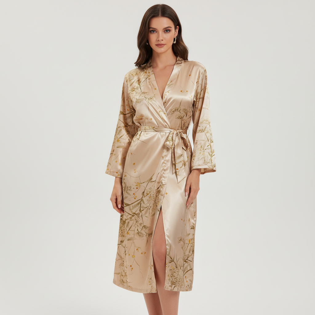 Elegant women's printed satin robe, a stylish choice for comfortable loungewear