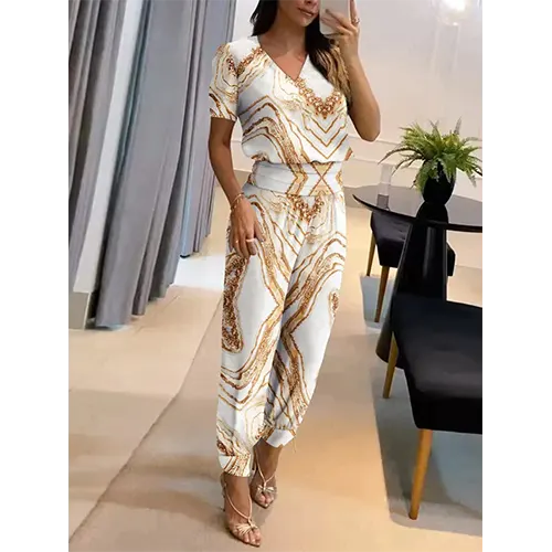 Elegant women's short sleeve wide leg jumpsuit with V-neck. Perfect for spring & summer fashion.