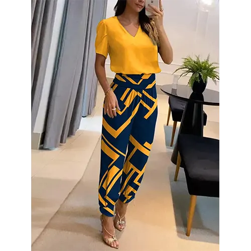 Chic V-neck short sleeve wide leg jumpsuit for women. An elegant one-piece fashion statement.