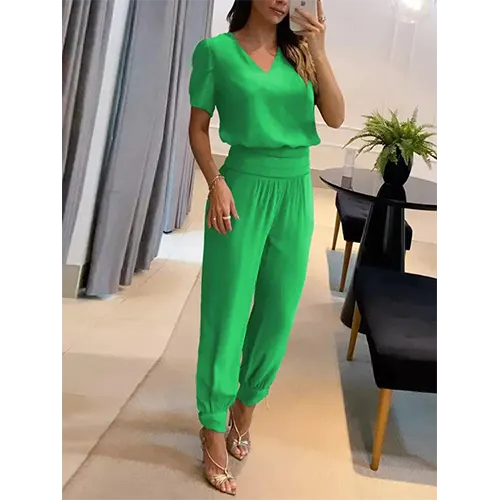 Versatile women's short sleeve wide leg jumpsuit. Easy-to-wear casual one-piece romper for summer.