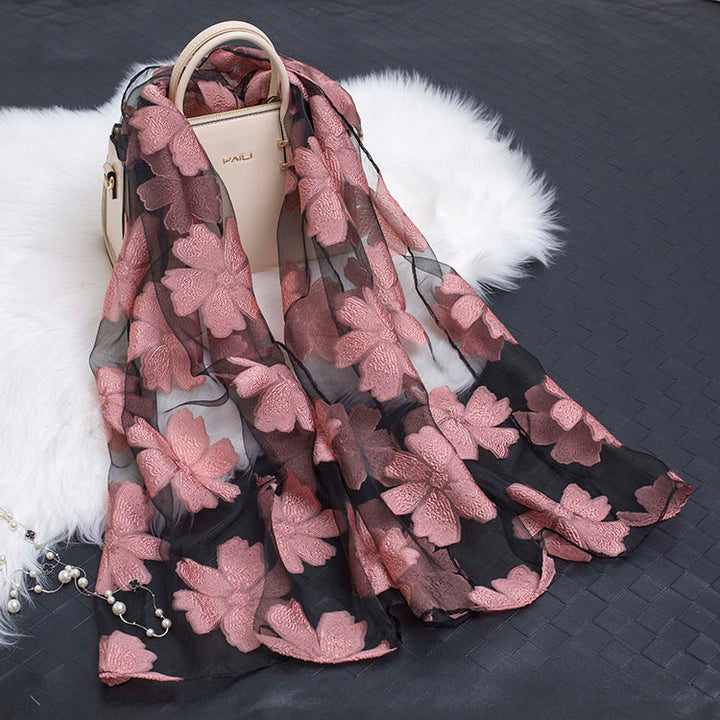 Versatile floral cut-out silk scarf for women, lightweight and chic.