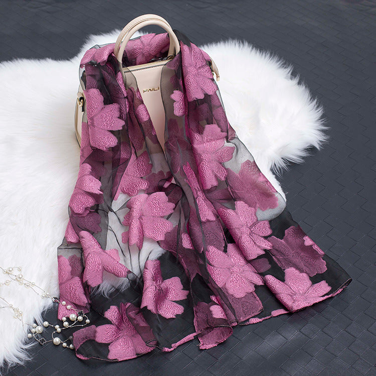 Chic floral cut-out silk organza scarf, perfect for elegant styling.