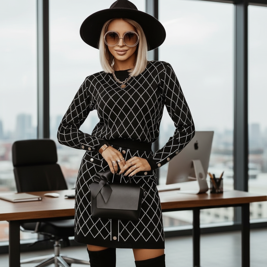 Elegant women's skirt and jumper set in stretch fabric, ideal for versatile business attire.