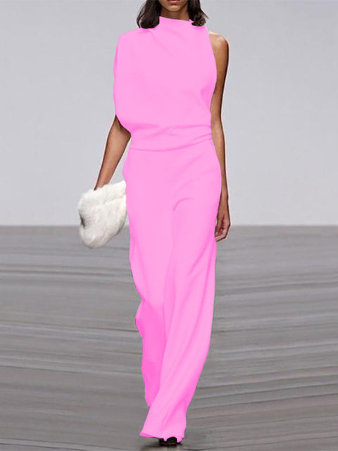 Trendy sleeveless wide leg jumpsuit for women, versatile for casual or evening wear.