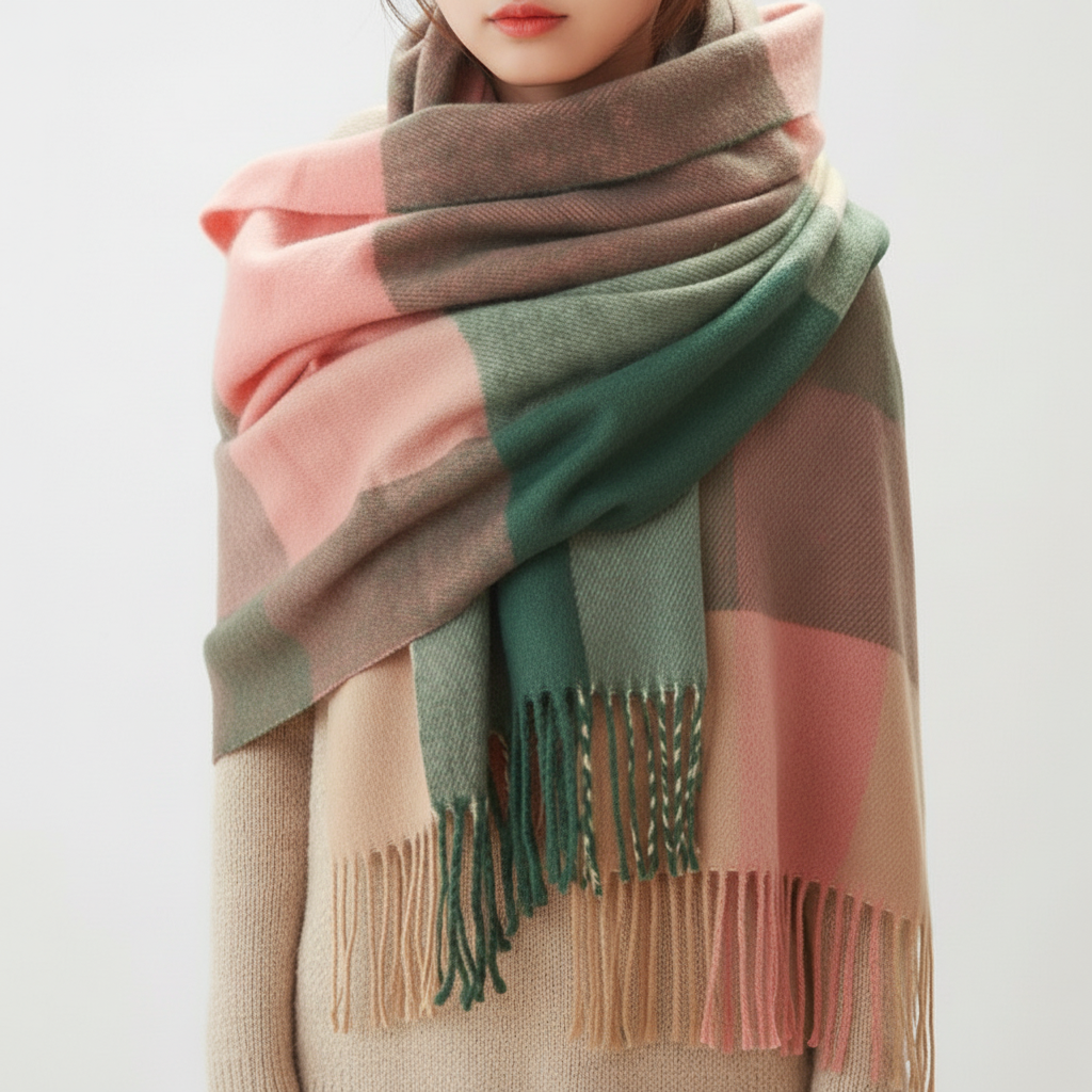 Fashionable women's cashmere scarf, autumn cloak style, featuring an eye-catching diamond pattern