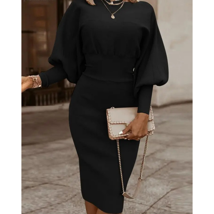 Elegant women's solid color cocktail dress with chic lantern sleeves, perfect for parties & special occasions.