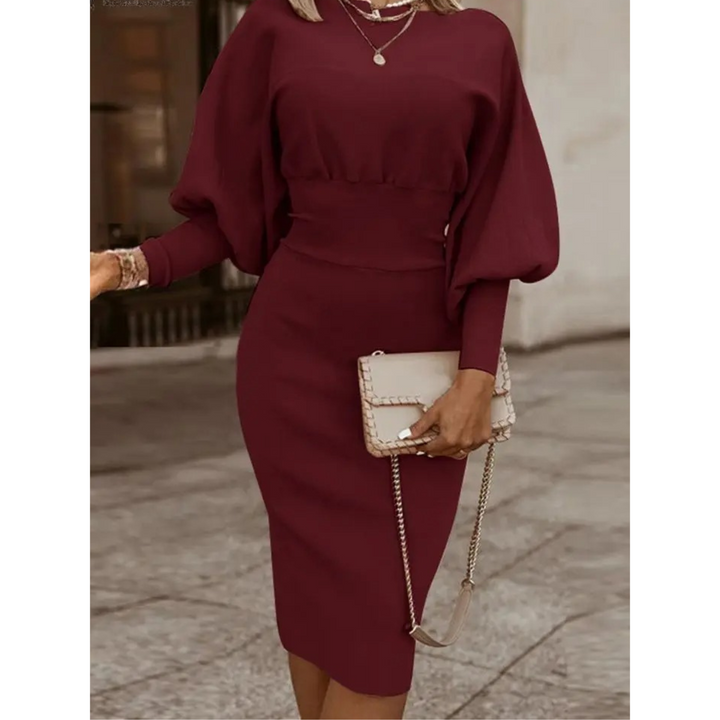 Stylish women's midi cocktail dress with lantern sleeves, ideal for evening events, spring/summer parties.