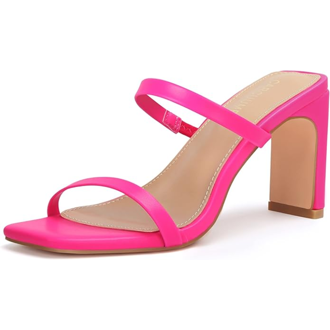 Close-up of the square toe and sturdy block heel on Eline women's sandals
