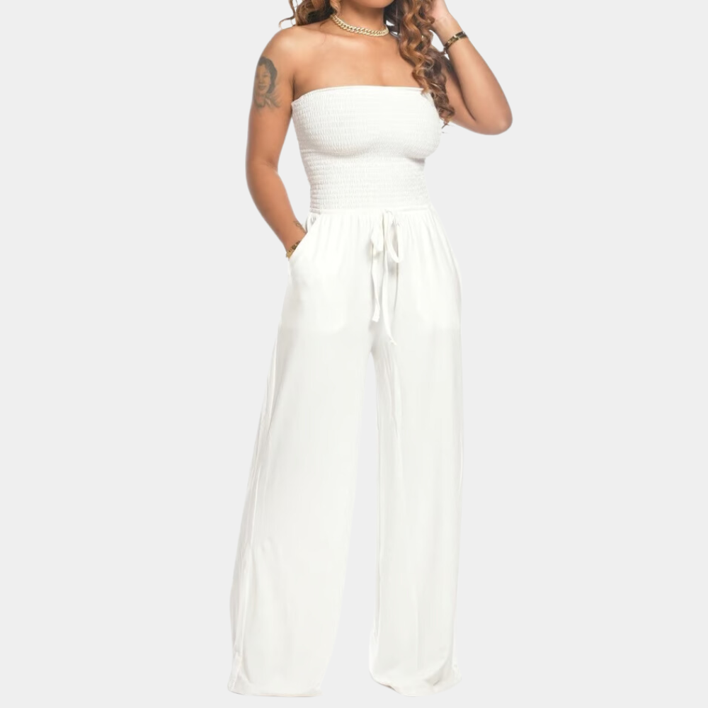 Elegant women's strapless wide-leg jumpsuit, perfect for summer evenings & vacation.