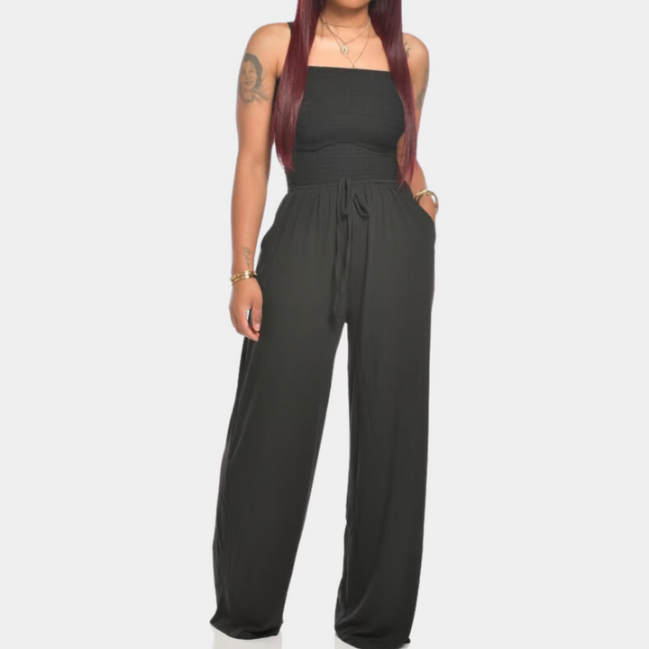 Stylish women's bandeau jumpsuit with a flattering wide-leg design for a chic summer look.