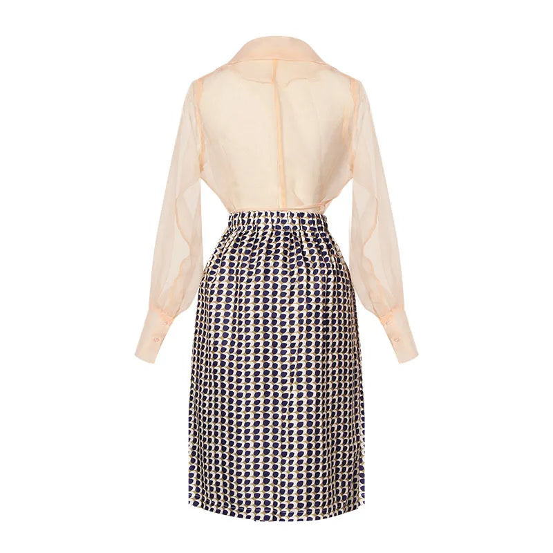 Elegant women's summer two-piece skirt set with belt, perfect for formal occasions & stylish ladies.