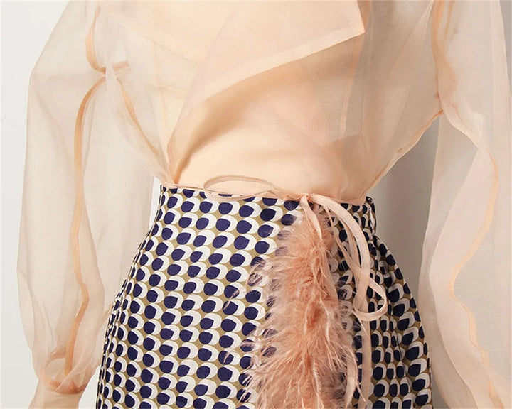 Elegant chiffon two-piece skirt set for women, a belted summer outfit for special occasions.