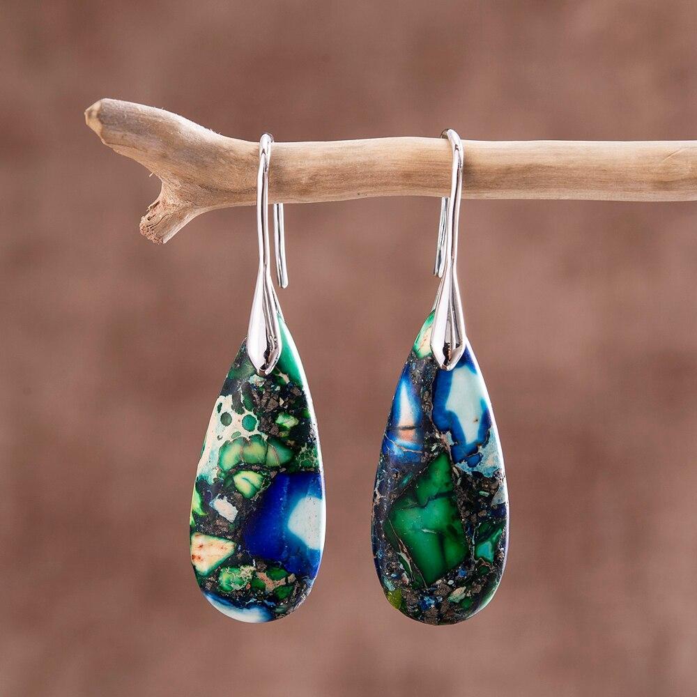 Gold plated teardrop earrings for women, featuring natural grounding stones. Handmade elegant spiritual jewelry.
